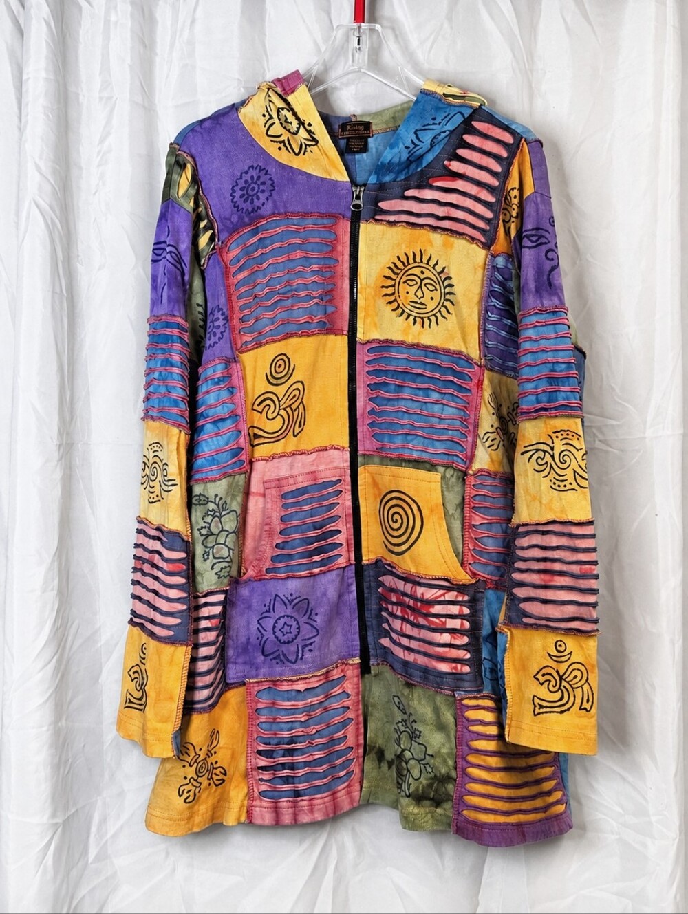 Rising International Nepal Patchwork Hoodie Razor Cut Tie Dye Celestial Jacket